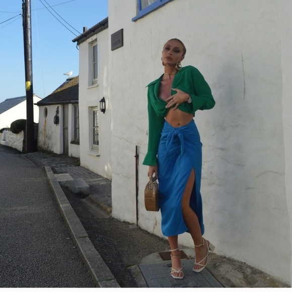 ZARA High Waisted Pareo Knot Skirt Blue - Picture 7 of 12